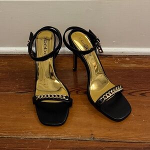 Vintage Y2K Bebe Black & Gold Heels Ankle Wrap Chain "B" Great Condition 7.5